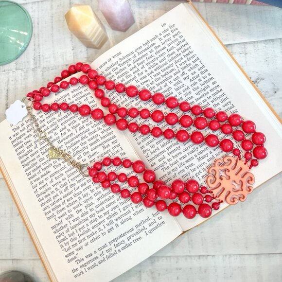 Statement Red Beaded Necklace with Filigree Pendant - Picture 1 of 2